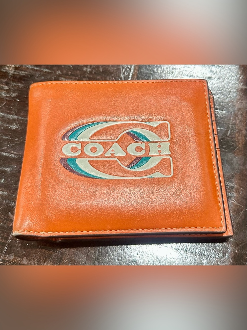 COACH Men’s 3-in-1 Orange Leather Bi-Fold Calf Skin Wallet